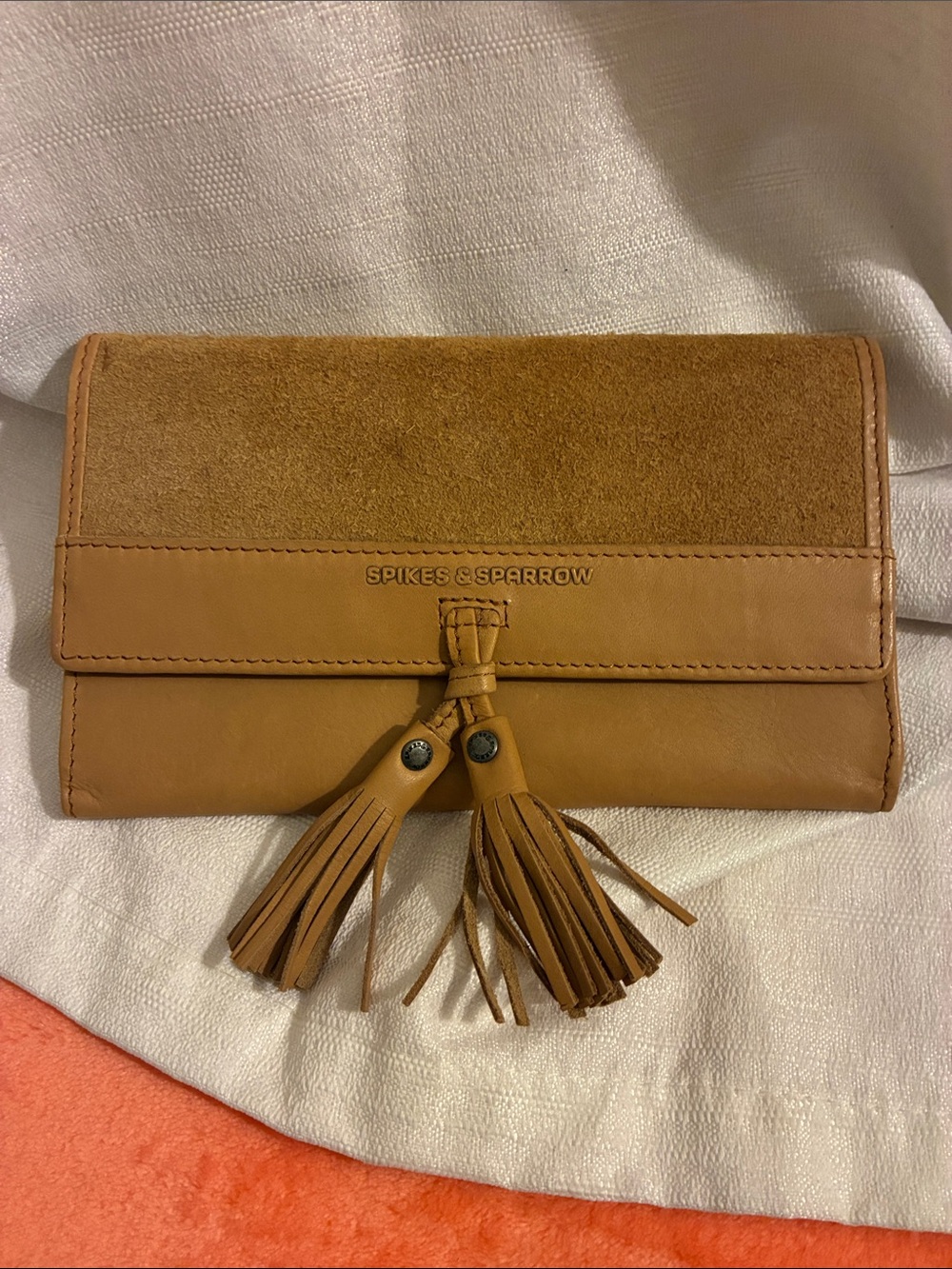 Brand New- Spikes & Sparrow Tan Suede & Leather Wallet With Cute Tassels